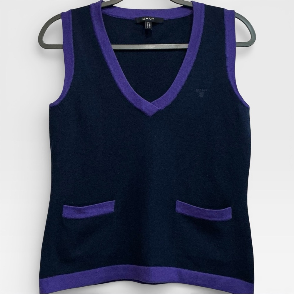 GANT Extra Fine Wool Sweater Vest Navy Purple Trim Preppy Heritage Knit M